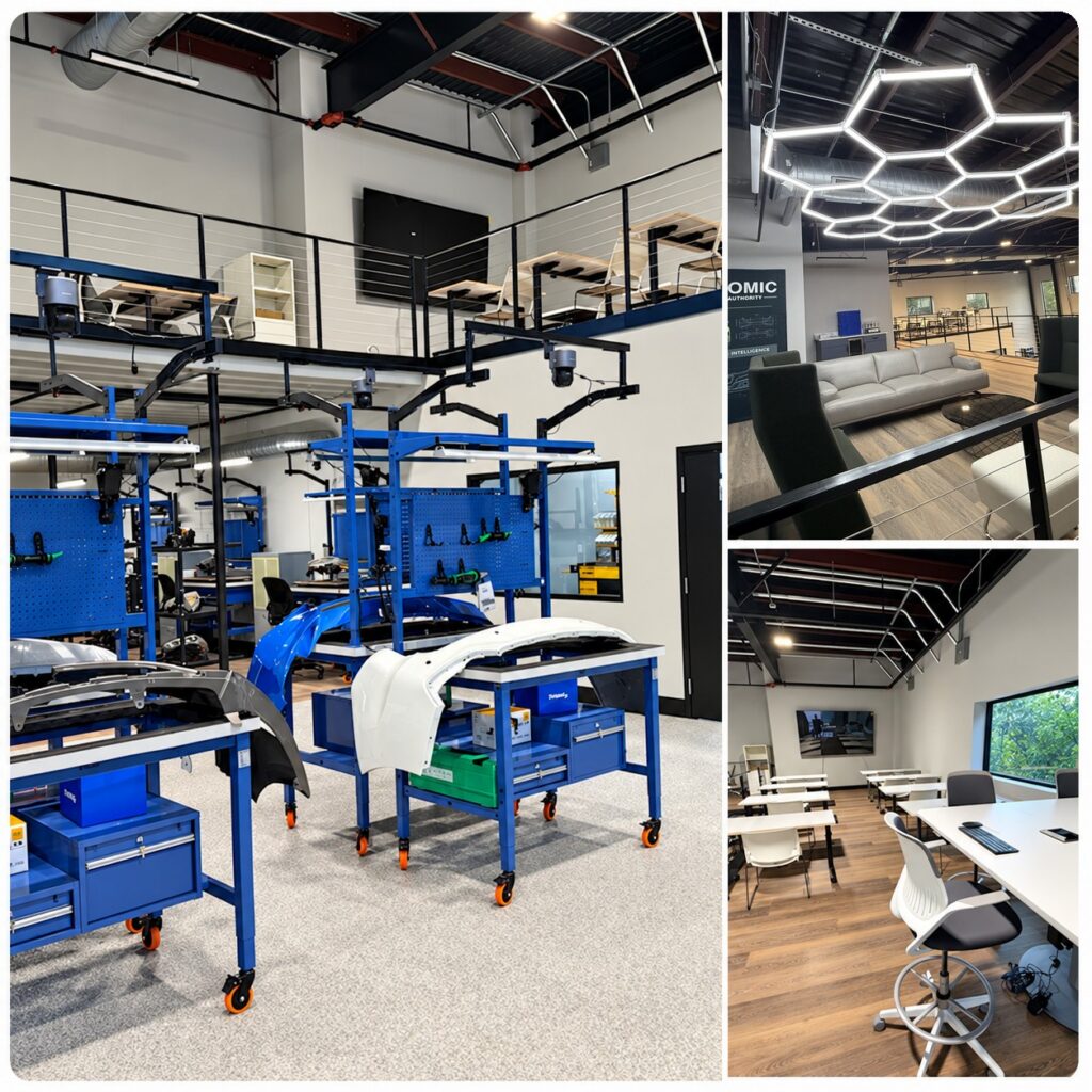 Repair stations, lounge and classroom at the Plasnomic Plastic Repair Excellence Center in Argyle, Texas